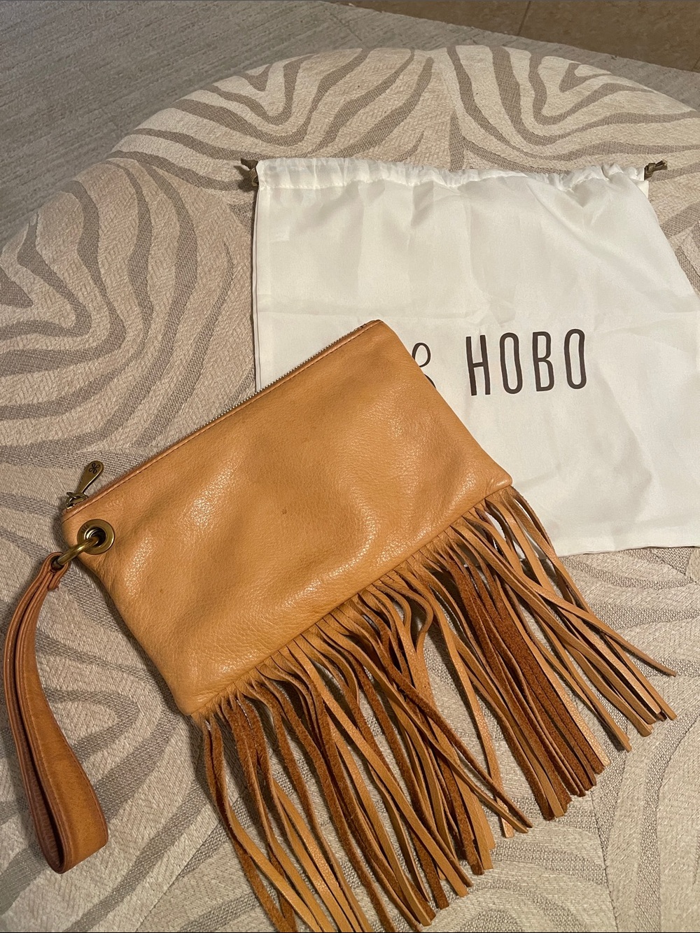 HOBO Tan Leather Fringe Wristlet